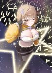  1girl absurdres ahoge anis_(nikke) anis_(star)_(nikke) bandeau bare_shoulders black_shorts blush breasts brown_eyes brown_hair chest_strap cleavage clothing_cutout commentary_request fingerless_gloves gloves goddess_of_victory:_nikke hair_ornament highres large_breasts long_sleeves looking_at_viewer midriff navel nickname25 official_alternate_costume one_eye_closed open_mouth short_hair short_shorts shorts shoulder_cutout shrug_(clothing) single_fingerless_glove smile solo thigh_strap v white_bandeau yellow_shrug 