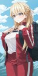  1girl absurdres backpack bag blonde_hair blue_eyes blue_sky breasts cloud commentary_request day gym_uniform highres jacket long_hair long_sleeves muginosa nanase_tsubasa open_clothes open_jacket outdoors pants red_jacket red_pants red_track_suit sky solo standing track_jacket track_suit youkoso_jitsuryoku_shijou_shugi_no_kyoushitsu_e 