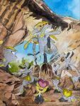  alternate_color blue_sky claws closed_eyes closed_mouth commentary day english_commentary evolutionary_line fighting_stance hakamo-o headbutt high_kick highres jangmo-o kicking kommo-o lying mofinngram open_mouth outdoors outstretched_arms painting_(medium) pokemon pokemon_(creature) pokemon_focus rock scales shiny_and_normal shiny_pokemon sky sleeping smile spread_arms standing standing_on_one_leg traditional_media unfinished watercolor_(medium) 