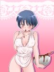  1girl apron bare_shoulders blue_hair bowl breasts brown_eyes chocolate_on_hand cleavage commentary_request cowboy_shot food_on_hand hanamutsuki hand_up heart heart-shaped_pupils holding holding_bowl mixing_bowl nearly_naked_apron open_mouth pink_background ranma_1/2 short_hair solo symbol-shaped_pupils tendou_akane 