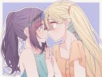  2girls black_hair blonde_hair blue_background border brown_eyes cho_kaguya-hime! commentary eye_contact eyewear_on_head green_eyes hair_between_eyes highres holding_hands interlocked_fingers kaguya_(cho_kaguya-hime!) kousaka_0v0 long_hair looking_at_another multiple_girls one-piece_swimsuit one_eye_covered orange_one-piece_swimsuit outline outside_border parted_lips ponytail pout sakayori_iroha swimsuit twintails untranslatable_commentary upper_body white_border white_outline yuri 