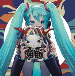  1boy 1girl aqua_eyes aqua_hair aqua_nails aqua_necktie black_sleeves blush character_doll chibi detached_sleeves doll emyl_isontheinternet grey_shirt hatsune_miku headphones headset highres holding holding_stuffed_toy horns hoshi-kun_(kikuo) kikuo long_hair multicolored_hair necktie number_tattoo rainbow_hair shirt sleeveless sleeveless_shirt stuffed_toy tattoo twintails very_long_hair vocaloid 