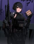  1girl absurdres ammunition_pouch black_hair cqcnorthfish gun headphones highres mecha_musume mechanical_arms military original pouch rifle shirt sleeveless sleeveless_shirt sniper_rifle tactical_clothes weapon 