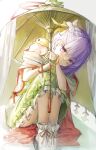 1girl absurdres commentary dress fate/grand_order fate_(series) green_dress highres holding holding_umbrella kazuradrop_(fate) kazuradrop_(third_ascension)_(fate) legs_together looking_at_viewer oil-paper_umbrella purple_eyes purple_hair sitting sleeveless sleeveless_dress smile umbrella yukiring 