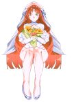  1girl absurdres alternate_costume body_freckles bouquet bow breast_freckles bridal_veil chest_freckles commentary dress flower freckles full_body green_eyes hair_bow high_heels highres holding holding_bouquet ishmael_(project_moon) limbus_company long_hair looking_at_viewer orange_hair pink_flower pink_rose project_moon rose shoes short_dress shrug_(clothing) simple_background sitting solo thighs untranslatable_commentary veil white_background white_bow white_dress white_shoes white_shrug yellow_flower yongsadragon 