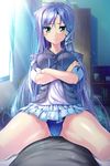 1girl aozora_stripe blue_eyes blue_panties crossed_arms game_cg long_hair panties piromizu purple_hair tsuruno_satsuki underwear 