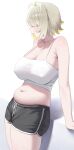  1girl absurdres ahoge armpit_crease bare_shoulders belly black_shorts blonde_hair blush breasts cleavage closed_mouth collarbone commentary covered_nipples crop_top elegg_(nikke) fang goddess_of_victory:_nikke hair_intakes highres large_breasts medium_hair navel nikku_nana shorts simple_background solo stomach sweat tank_top thighs untranslatable_commentary white_background white_tank_top 