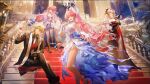  1boy 3girls aemeath_(wuthering_waves) ahoge artist_collaboration black_jacket blonde_hair breasts cavehuuu chinese_commentary closed_mouth commentary_request cup denia_(wuthering_waves) dress drinking_glass elbow_gloves gloves hair_ornament highres hiyuki_(wuthering_waves) holding holding_cup indoors jacket long_dress long_hair looking_at_viewer luuk_herssen_(wuthering_waves) medium_breasts multiple_girls official_alternate_costume official_art open_mouth orange_eyes pink_hair ponytail qianyuu_(senba) red_dress red_eyes smile textless_version white_dress white_gloves wusebuse_(69392708) wuthering_waves zhihuigugudegezi 