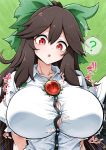  1girl ? alternate_breast_size_(larger) bird_wings black_wings blush bow breasts brown_hair bursting_breasts button_gap chest_eye cleavage collared_shirt commentary_request emphasis_lines green_background green_bow hair_between_eyes hair_bow highres huge_breasts imminent_wardrobe_malfunction long_hair paid_reward_available red_eyes reiuji_utsuho scavia10 shirt socks solo spoken_question_mark sweat third_eye touhou trembling undersized_clothes upper_body white_socks wings 