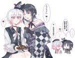  2girls bare_shoulders beret black_choker black_coat black_gloves black_hair black_hat black_kimono bow box box_of_chocolates bukejie butterfly_hair_ornament butterfly_hat_ornament candy checkered_sleeves chest_sarashi chinese_text chocolate choker closed_mouth coat collared_coat commentary_request flower flower-trimmed_sleeves food furisode gloves gradient_hair hair_flower hair_ornament hat hat_flower hat_ornament hat_ribbon heart heart-shaped_chocolate heart-shaped_food highres housho_margo japanese_clothes kimono lolita_fashion long_sleeves mahou_shoujo_no_majo_saiban mini_hat mini_top_hat multicolored_hair multiple_girls multiple_views neck_ribbon off_shoulder parted_bangs pink_eyes pink_hair puffy_sleeves purple_eyes ribbon sakuraba_ema sarashi shirt short_hair simple_background sleeveless sleeveless_coat speech_bubble top_hat translation_request wa_lolita white_background white_flower white_hair white_ribbon white_shirt white_sleeves wide_sleeves x_hair_ornament yuri 