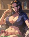  1girl black_hair blue_eyes blue_jacket bookshelf breasts cleavage eyewear_on_head hair_slicked_back huge_breasts jacket lips long_hair looking_at_viewer maya_heartxd midriff nico_robin one_piece pink_sarong sarong shiny_skin sitting solo thighs zipper_pull_tab 