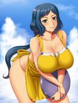  ameoto apron bare_shoulders blue_eyes blue_hair breasts cleavage day gundam gundam_build_fighters huge_breasts iori_rinko leaning_forward long_hair looking_at_viewer mature ponytail skindentation sky smile solo tray 