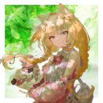  1girl animal_ears arknights bad_id bad_pixiv_id bare_shoulders blonde_hair blue_eyes border bouquet bow bowtie braid cat cat_ears cat_girl collar commentary_request detached_sleeves flower hair_ornament heterochromia highres holding holding_bouquet holding_flower light_smile looking_at_viewer nightmare_(arknights) nightmare_(the_ferry_girl)_(arknights) norstaruniverse off_shoulder official_alternate_costume outside_border pink_skirt pink_sleeves red_bow red_bowtie red_eyes ribbon shade shadow shirt shirt_tucked_in skirt sleeveless sleeveless_shirt smile twin_braids white_border white_shirt 