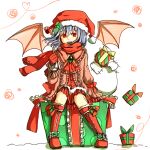  1girl alternate_costume alternate_headwear ascot boots box brooch cardigan christmas commentary_request dress fur-trimmed_headwear fur_trim gift gift_box gloves hat holding holding_sack jewelry long_sleeves looking_at_viewer mangetsu_(yayoi) open_mouth pink_cardigan red_ascot red_boots red_dress red_gloves red_hat red_scarf remilia_scarlet sack scarf simple_background sitting smile solo squiggle touhou white_background 