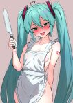  1girl absurdres ahoge apron aqua_eyes aqua_hair bandaid bandaid_on_arm blush breasts character_name_tattoo cleavage collarbone dot_nose drooling hair_between_eyes hair_ornament hatsune_miku heart heart-shaped_pupils highres holding holding_knife knife looking_at_viewer marubanu naked_apron number_tattoo shoulder_tattoo sidelocks simple_background small_breasts solo symbol-shaped_pupils tattoo vocaloid white_apron 