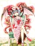  1girl bat_wings blue_hair bow bowtie brooch chair commentary_request crossed_legs flower frilled_skirt frills hat hat_ribbon jewelry looking_at_viewer mangetsu_(yayoi) medium_hair mob_cap on_chair open_mouth pink_hat pink_shirt pink_skirt red_bow red_bowtie red_eyes red_flower red_rose red_shoes red_wrist_cuffs remilia_scarlet ribbon rose shirt shoes skirt skirt_set smile socks solo touhou white_socks wings wrist_cuffs 
