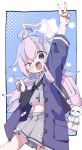  >_o 1girl ahoge arm_up backpack bag black_neckerchief blue_archive blue_background blush border coat commentary_request cropped_shirt feet_out_of_frame grey_hair grey_serafuku grey_shirt grey_skirt halo highres holding_strap long_hair long_sleeves looking_at_viewer low_twintails midriff miniskirt multicolored_hair navel neckerchief one_eye_closed open_clothes open_coat open_mouth outside_border pink_hair pleated_skirt purple_coat purple_eyes reisa_(blue_archive) sailor_collar school_uniform serafuku shirt skirt smile standing standing_on_one_leg star_(symbol) star_halo star_symbol_background twintails two-tone_hair usagi_kaoru_(usagimannjyuu05) v white_border white_sailor_collar 