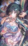  3boys 3girls absurdres anis_(nikke) applying_makeup arm_warmers black_hair blue_bow blue_bowtie blue_skirt blue_tank_top bottle bow bowtie breasts cleavage commentary fish_hair_ornament goddess_of_victory:_nikke green_eyes hair_ornament highres holding holding_mirror idol large_breasts long_hair md5_mismatch mint_(nikke) mirror mole mole_under_eye mrr_05 multiple_boys multiple_girls perfume_bottle prika_(nikke) reflection skirt smile solo_focus surrounded_by_hands tank_top very_long_hair 