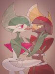  2others arm_blade bisharp blush brown_background colored_skin commentary_request cowboy_shot facing_another french_kiss gallade green_hair green_skin grey_eyes grey_skin half-closed_eyes hand_on_another's_cheek hand_on_another's_chest hand_on_another's_face hand_on_another's_hip helmet highres interspecies kiss long_tongue looking_at_another mohawk multicolored_skin multiple_others pokemon pokemon_(creature) pokemon_focus red_eyes shoulder_pads tongue tongue_out two-tone_skin umi-be-to weapon white_skin wide_hips 