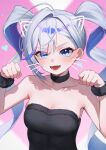  1girl black_choker black_shirt blue_eyes blush breasts choker cleavage clenched_hands commentary_request drawn_ears fang fur-trimmed_shirt fur_choker fur_trim fur_wristbands grey_hair hair_intakes hands_up hebi_(vtuber) highres indie_virtual_youtuber korean_commentary large_breasts long_hair looking_at_viewer multicolored_hair open_mouth parted_bangs pink_background shirt skin_fang smile solo squared_bibibik strapless strapless_shirt streaked_hair twintails upper_body v-shaped_eyebrows virtual_youtuber wavy_hair wristband 