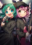  2girls alternate_color animal_ears bird_ears bird_wings black_dress black_hat blush brown_eyes choujuu_gigaku commentary_request dog_ears dog_girl dress floppy_ears green_eyes green_hair green_nails guitar hat holding holding_guitar holding_instrument holding_microphone holding_plectrum instrument kapuchii kasodani_kyouko long_sleeves looking_at_viewer microphone microphone_stand multiple_girls mystia_lorelei open_mouth pink_hair plectrum smile teeth touhou upper_teeth_only wings 