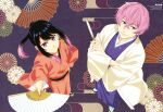  1boy 1girl absurdres akane-banashi animage anime_coloring arakawa_kaisei artist_name black_hair closed_mouth colored_tips copyright_name copyright_notice crossed_arms folding_fan from_above full_body hair_between_eyes hand_fan hand_on_own_hip highres holding holding_fan japanese_clothes kimono long_hair looking_at_viewer looking_up magazine_scan multicolored_hair official_art osaki_akane outstretched_arm pink_eyes ponytail ponzu_(nosuke_kkkk) purple_eyes sandals scan short_hair sidelocks smile standing tabi third-party_source two-tone_hair v-shaped_eyebrows very_short_hair yukata zouri 