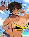  1boy 1girl ? adjusting_eyewear beach bikini black_hair blush breasts brown_eyes commentary dark-skinned_female dark-skinned_male dark_skin day denim denim_shorts english_commentary flag_print flag_print_bikini glasses highres jamaican_flag_bikini jamaican_flag_print large_breasts lower_teeth_only micro_shorts mole mole_on_breast navel open_mouth original outdoors plump print_bikini shorts swimsuit tan tanlines teeth water zazipou_z 