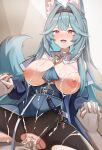  1boy 1girl :d absurdres animal_ear_fluff animal_ears black_hairband black_pantyhose blue_hair breasts breasts_out censored choker commentary_request commission cowgirl_position cum cum_in_pussy cum_on_body cum_on_breasts cum_on_clothes cum_overflow detached_collar dutch_angle facial girl_on_top hair_intakes hairband hetero highres hiyori_(meridian_project) holding_hands huge_breasts interlocked_fingers kuromiz long_hair looking_at_viewer meridian_project mosaic_censoring nipples open_mouth pantyhose penis pink_eyes pov pussy sex skeb_commission smile straddling tail torn_clothes torn_pantyhose vaginal variant_set white_choker wolf_ears wolf_girl wolf_tail 