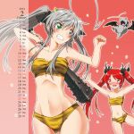  2014 2girls :d ahoge alternate_costume alternate_hairstyle arm_behind_head ass_visible_through_thighs beans blush breasts calendar_(medium) clenched_hand clenched_teeth club_(weapon) collarbone commentary_request cone_horns cowboy_shot cthugha_(nyaruko-san) dated fang floating_hair furrowed_brow grey_hair groin hair_between_eyes haiyore!_nyaruko-san highres holding holding_club holding_weapon horns huge_ahoge kanabou lightning_ahoge long_hair looking_at_another looking_back mamemaki medium_breasts multiple_girls navel nose_blush nyarlathotep_(nyaruko-san) open_mouth outline outstretched_arms outstretched_hand parted_bangs pink_background red_eyes red_hair setsubun shantak_(nyaruko-san) sidelocks simple_background small_breasts smile spiked_club stomach teeth twintails v-shaped_eyebrows very_long_hair weapon white_outline yuto_(dialique) 