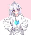  1girl :i ahoge anger_vein ayatsuno_yuni blush chacha_(chacha0) commentary_request cross-shaped_pupils dot_nose grey_hoodie hair_intakes hair_ornament hands_on_own_hips head_tilt highres hood hood_down hoodie korean_commentary long_hair long_sleeves looking_at_viewer motion_lines nose_blush outline oversized_clothes pink_background pink_outline pout print_hoodie purple_eyes solo stellive straight_hair symbol-shaped_pupils two-tone_background upper_body virtual_youtuber x_hair_ornament 