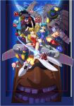  akane_(parodius) animal_ears blonde_hair blue_leotard breasts character_request cleavage commentary_request elbow_gloves gloves gun hamakawa_shuujirou highres hikaru_(parodius) holding holding_gun holding_weapon jewelry koitsu_(parodius) leotard long_hair looking_at_viewer multiple_boys multiple_girls official_art open_mouth parodius pentarou playboy_bunny rabbit_ears red_leotard smile weapon 