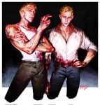  2boys arm_tattoo bleeding blood blood_on_clothes bomber_jacket cigarette drive_(movie) driver_(drive) highres holding holding_cigarette injury jacket luke_glanton male_focus multiple_boys multiple_tattoos ryan_gosling sgkg108 shirt sleeveless sleeveless_shirt tattoo the_place_beyond_the_pines_(movie) white_jacket 