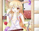  ;o blonde_hair breasts brown_eyes chain fang horn_ribbon horns ibuki_suika long_hair neko_mata one_eye_closed open_clothes open_shirt ribbon shirt small_breasts touhou 