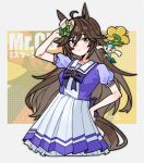  1girl ahoge animal_ears blue_eyes blush bow bowtie breasts brown_hair closed_mouth collarbone commentary floette floette_(yellow_flower) flower hair_between_eyes hair_ornament hairclip hat highres holding holding_flower horse_ears horse_girl horse_tail long_hair looking_at_viewer medium_breasts mini_hat mini_top_hat mr._c.b._(umamusume) open_mouth pleated_skirt pokemon pokemon_(creature) puffy_short_sleeves puffy_sleeves purple_bow purple_bowtie purple_shirt sailor_collar sailor_shirt saramiao-chan school_uniform shirt short_sleeves skirt smile summer_uniform tail top_hat tracen_school_uniform umamusume white_sailor_collar white_skirt 