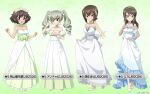  4girls akiyama_yukari anchovy_(girls_und_panzer) bare_arms bare_shoulders blue_bow blue_dress blush bow bracelet breasts bridal_gauntlets brown_eyes brown_hair cake cake_slice character_name choker cleavage collarbone commentary_request detached_sleeves dress drill_hair elbow_gloves floral_print flower flower_hairband fluffy_hair food fork frilled_dress frills full_body girls_und_panzer girls_und_panzer_senshadou_daisakusen! gloves gradient_background gradient_clothes gradient_dress green_background green_bow green_dress green_hair green_sash grey_bow grey_sash grin hair_bow hair_flower hair_ornament hand_on_own_chest high_heels highres holding holding_fork holding_own_dress holding_plate jewelry lace-trimmed_dress lace_trim long_dress long_hair looking_at_viewer medium_hair messy_hair mika_(girls_und_panzer) multiple_girls necklace nishizumi_maho official_art open_mouth outstretched_hand plate puffy_sleeves red_eyes sash see-through_bridal_gauntlets see-through_clothes shoes short_hair smile standing strapless strapless_dress tiara translated twin_drills white_dress white_shoes wrist_cuffs 