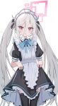  1girl absurdres alternate_costume alternate_hairstyle apron black_dress black_thighhighs blue_archive blue_ribbon blush boczitok clothes_pull commentary cowboy_shot dress dress_pull frilled_apron frilled_dress frills grey_hair hair_between_eyes halo highres kei_(blue_archive) long_hair long_hair_between_eyes looking_at_viewer maid maid_apron maid_headdress open_mouth pink_eyes pink_halo ribbon ringed_eyes simple_background solo standing thighhighs twintails white_apron white_background 