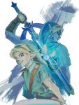  1boy absurdres blue_eyes commentary english_commentary fairy green_hat green_tunic hat highres holding holding_sword holding_weapon kokiri_sword link male_focus master_sword navi pointy_ears solo sword the_legend_of_zelda the_legend_of_zelda:_ocarina_of_time triforce trope_art tunic weapon young_link 
