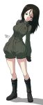  1girl black_boots blue_eyes boots brown_gloves brown_hair commentary_request cosplay costume_switch erakin girls_und_panzer gloves green_jumpsuit highres jumpsuit katyusha_(girls_und_panzer) katyusha_(girls_und_panzer)_(cosplay) long_hair looking_at_viewer military_uniform nonna_(girls_und_panzer) pravda_military_uniform short_jumpsuit simple_background solo white_background 