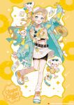  >_o 1girl :d :p ;p bag baseball_cap belt bike_shorts bike_shorts_under_skirt black_choker blonde_hair blue_coat blue_jacket bow candy choker chupa_chups coat commentary_request company_name copyright_notice cup earrings food fruit gyaru handbag hat headphones headphones_around_neck highres holding holding_candy holding_food holding_lollipop jacket jewelry lollipop loose_socks midriff multicolored_hair necklace one_eye_closed open_clothes open_coat original photo_(object) pineapple pineapple_slice shoes skirt sleeves_past_wrists smile sneakers socks standing standing_on_one_leg streaked_hair stuffed_animal stuffed_dog stuffed_toy suspenders tongue tongue_out uekura_eku unworn_eyewear white_bow white_socks yellow_background 
