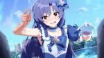  1girl 2others absurdres armpits blue_bow blue_dress blue_hair blurry blurry_foreground blush bow brown_eyes commentary_request day dress facing_viewer gloves hair_bow hands_up highres idolmaster idolmaster_(classic) kisaragi_chihaya long_hair magical_girl multiple_others open_mouth outdoors puffy_short_sleeves puffy_sleeves raised_inner_eyebrows sanami_(sanami_t_38) short_sleeves single_glove solo_focus sweat torn_clothes torn_dress upper_body 