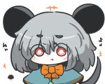 +++ 1girl :t animal_ears blue_capelet blush bow capelet closed_mouth commentary_request grey_hair hair_between_eyes highres mouse_ears mouse_girl mouse_tail nazrin orange_bow pout red_eyes sea_urchin short_eyebrows simple_background solo tail thick_eyebrows touhou uni_souchou upper_body white_background 