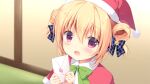  1girl :d blonde_hair blush bow capelet christmas double_bun envelope game_asset green_bow hair_between_eyes hair_bow hair_bun hat holding holding_envelope holding_letter hoshigaoka_ciel indoors koi_ni_kanmi_o_soete letter looking_at_viewer love_letter miyasaka_miyu miyasaka_naco open_mouth plaid_bow purple_eyes santa_costume santa_hat smile solo tatami washitsu 