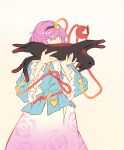  >_< 1girl absurdres animal animalization black_cat black_hairband blue_shirt buttons cat collared_shirt commentary disembodied_linked_eye eyeball floral_print frilled_shirt_collar frilled_sleeves frills hair_ornament hairband heart heart_button heart_hair_ornament highres holding holding_animal holding_cat kaenbyou_rin komeiji_satori long_sleeves multiple_tails neat_ad4816 pink_eyes pink_hair pink_skirt print_skirt ribbon-trimmed_collar ribbon_trim rose_print shirt skirt tail touhou two_tails wide_sleeves 