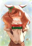  07nono06 1girl absurdres animal_ears black_dress blush brown_eyes brown_hair commentary_request covering_own_mouth crying crying_with_eyes_open dress ear_covers ear_ribbon elbows_together green_ribbon grey_shirt hair_between_eyes highres horse_ears horse_girl juliet_sleeves long_hair long_sleeves multicolored_hair nice_nature_(poinsettia_ribbon)_(umamusume) nice_nature_(umamusume) nose_blush pinafore_dress puffy_sleeves ribbon shirt sleeveless sleeveless_dress solo streaked_hair tearing_up tears twintails umamusume upper_body 