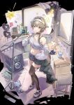  1girl absurdres asymmetrical_legwear bag belt black_belt black_choker black_gloves black_socks black_thighhighs blue_eyes breasts cat_necklace choker collarbone commentary crop_top cropped_shirt doll fingerless_gloves full_body gloves goddess_of_victory:_nikke green_shorts grey_gloves grey_hair grin hair_between_eyes hair_ears headband highres jewelry large_breasts long_hair looking_at_viewer microphone microphone_stand midriff mole mole_under_eye multicolored_gloves navel necklace off-shoulder_shirt off_shoulder prika_(nikke) shirt shoes shorts sidelocks single_bare_shoulder smile sneakers socks solo sparkle spiked_choker spikes stage_lights standing teeth thighhighs torn_clothes torn_thighhighs two-tone_gloves white_headband white_shirt white_shoes xinxin 