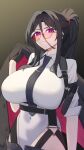  1girl absurdres black_hair black_necktie breasts closed_mouth collared_leotard covered_navel daidaradoji e.h._(junkyard_vanguard)_(nikke) e.h._(nikke) gloves goddess_of_victory:_nikke grey_pants gun half_gloves handgun harness highleg highleg_leotard highres holding holding_unworn_clothes holding_unworn_jacket huge_breasts jacket leotard leotard_under_pants long_sidelocks necktie official_alternate_costume official_alternate_hairstyle pants pink-tinted_eyewear ponytail purple_eyes round_eyewear sidelocks solo tinted_eyewear unworn_jacket weapon white_leotard 