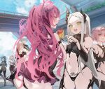  1boy 6+girls absurdres anger_vein ass ass_focus bahamut_(nikke) bare_shoulders black_horns black_liquid blue_sky breasts cecil_(nikke) cloud commentary_request food forehead glasses goddess_of_victory:_nikke green_eyes grey_hair highres holding holding_food holding_pocky horns johan_(nikke) leviathan_(nikke) liquid_clothes long_hair looking_at_another multiple_girls natuiroillust12 navel only_one_(nikke) papillon_(nikke) pink_hair pocky ponytail pubic_tattoo short_hair sky small_breasts tattoo thick_thighs thighs ziz_(nikke) 