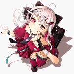  :3 absurdres ahoge bandaged_wrist bandages bow choker commentary ear_piercing from_above grey_eyes hair_ribbon heterochromia highres ishigami_nozomi ishigami_nozomi_(1st_costume) kohaku1422ame looking_at_viewer multicolored_hair nail_polish nijisanji piercing pink_streaks pointing pointing_at_self polka_dot polka_dot_bow ribbon shadow simple_background spiked_choker spiked_ear_piercing spikes streaked_hair untranslatable_commentary virtual_youtuber white_background white_hair 