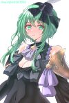  1girl absurdres armor bare_shoulders black_dress blush bow breasts cleavage commentary_request covered_navel crossed_bangs dress fascinator fire_emblem fire_emblem:_fortune's_weave green_eyes green_hair hair_between_eyes hat hat_bow highres looking_at_viewer medium_breasts mini_hat ninae_(fire_emblem) parted_lips shoulder_armor simple_background solo upper_body wade_(njud8343) white_background 