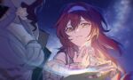  2girls artificial_flower astral_express_(honkai:_star_rail) bare_shoulders black_gloves black_jacket blurry blurry_background breasts cardigan choker chromatic_aberration closed_mouth commentary cracked_skin dress dual_persona floating_hair gloves graphia_academy_school_uniform hair_between_eyes hairband hand_up highres himeko_(honkai:_star_rail) himeko_(young)_(honkai:_star_rail) holding honkai:_star_rail honkai_(series) jacket large_breasts long_hair looking_at_another milky_way mole mole_on_breast multiple_girls night open_clothes open_jacket outdoors purple_sky red_hair sailor_collar school_uniform sky star_(sky) starry_sky upper_body white_cardigan white_choker white_dress white_hairband yellow_eyes zassyoku_dd 